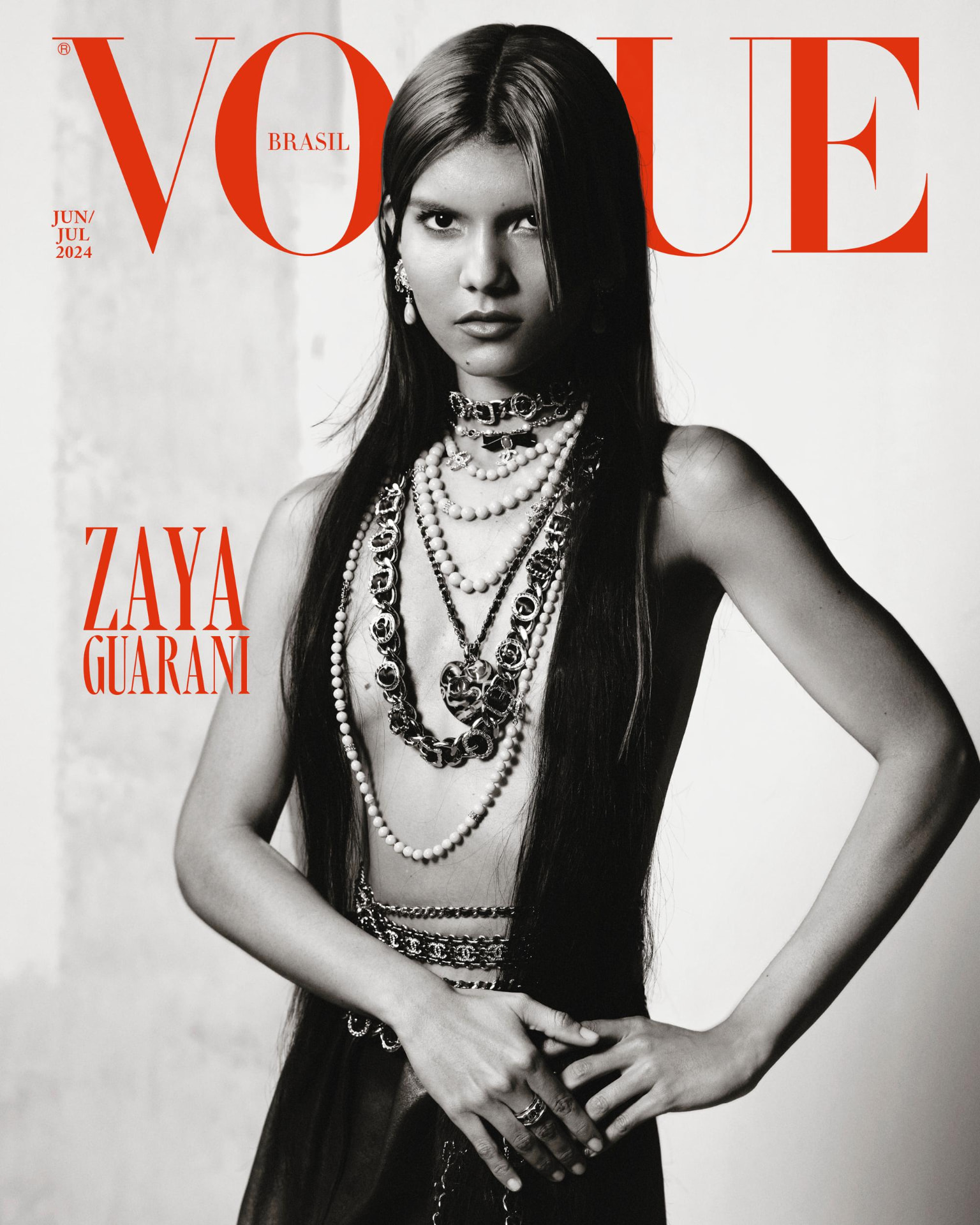 Zaya Guarani in a black-and-white Vogue Brasil cover portrait
