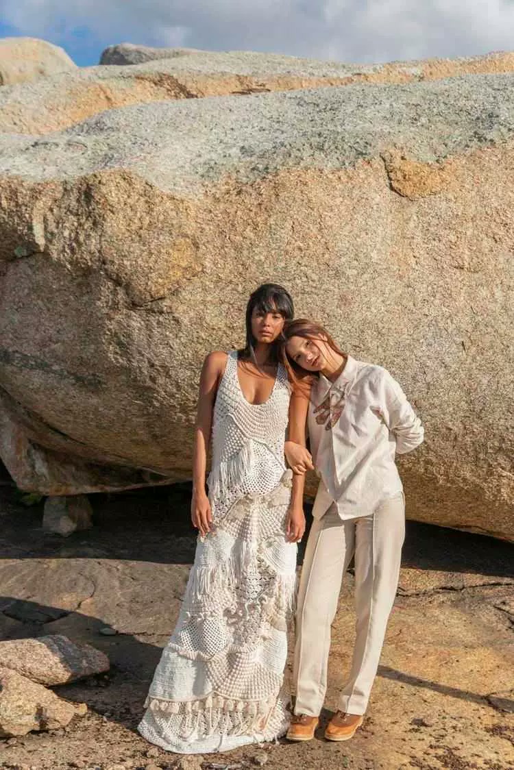 Two models in white pieces from Natural Cotton Color's Asa Branca collection